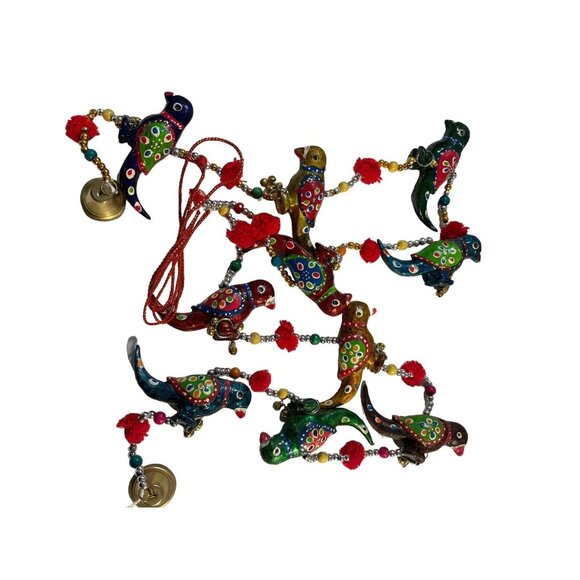 VTG Enameled Birds With Bells Beaded Christmas Garland 2 Strands MCM Colorful - Picture 1 of 16